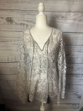 Light Gray Crochet Lace Tunic with Tassel tie from Bebe size small